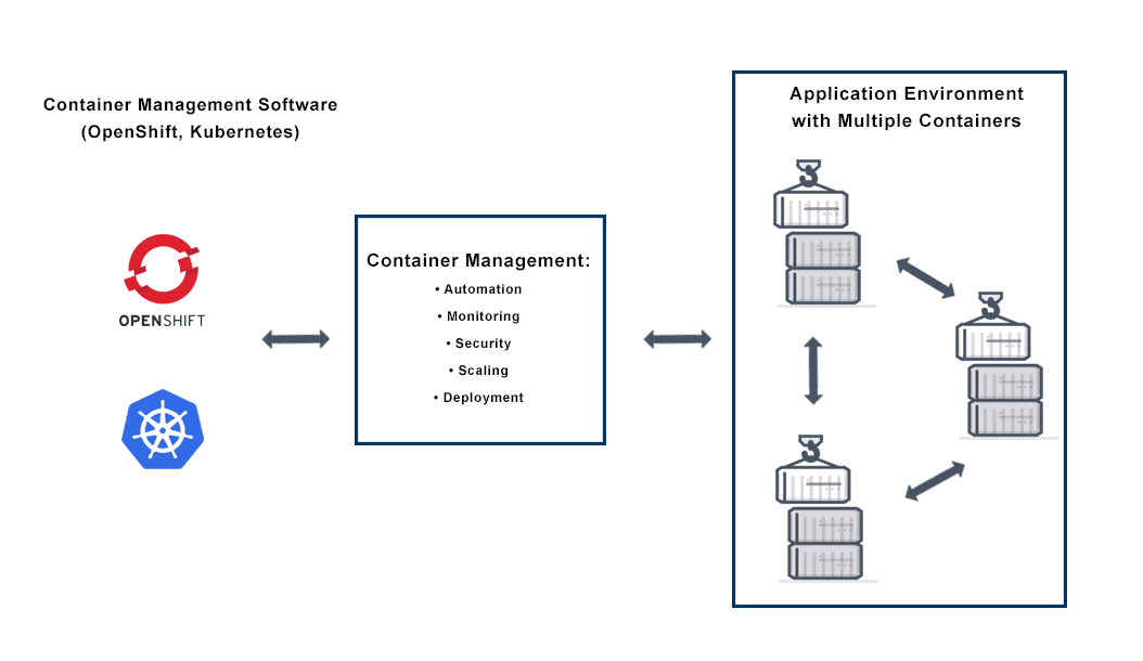 Diagram depicts Container Management for deploying and managing multiple application containers in an multi-cloud or on premise application delivery environment.