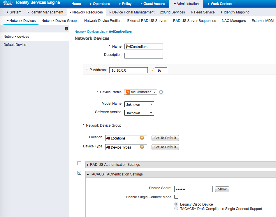 ISE-NetworkDevice-Avi-Vantage