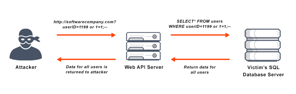 Diagram depicts the general process of a SQL Injection Attack involving a Web API Server and a SQL Database Server.